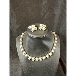 Vintage Signed Charel White Lucite, Enamel, Rhinestone Necklace & Earring Set